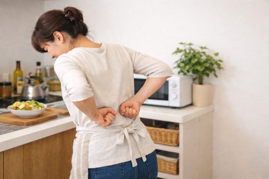 腰が痛くて自分で腰周辺をたたいている女性